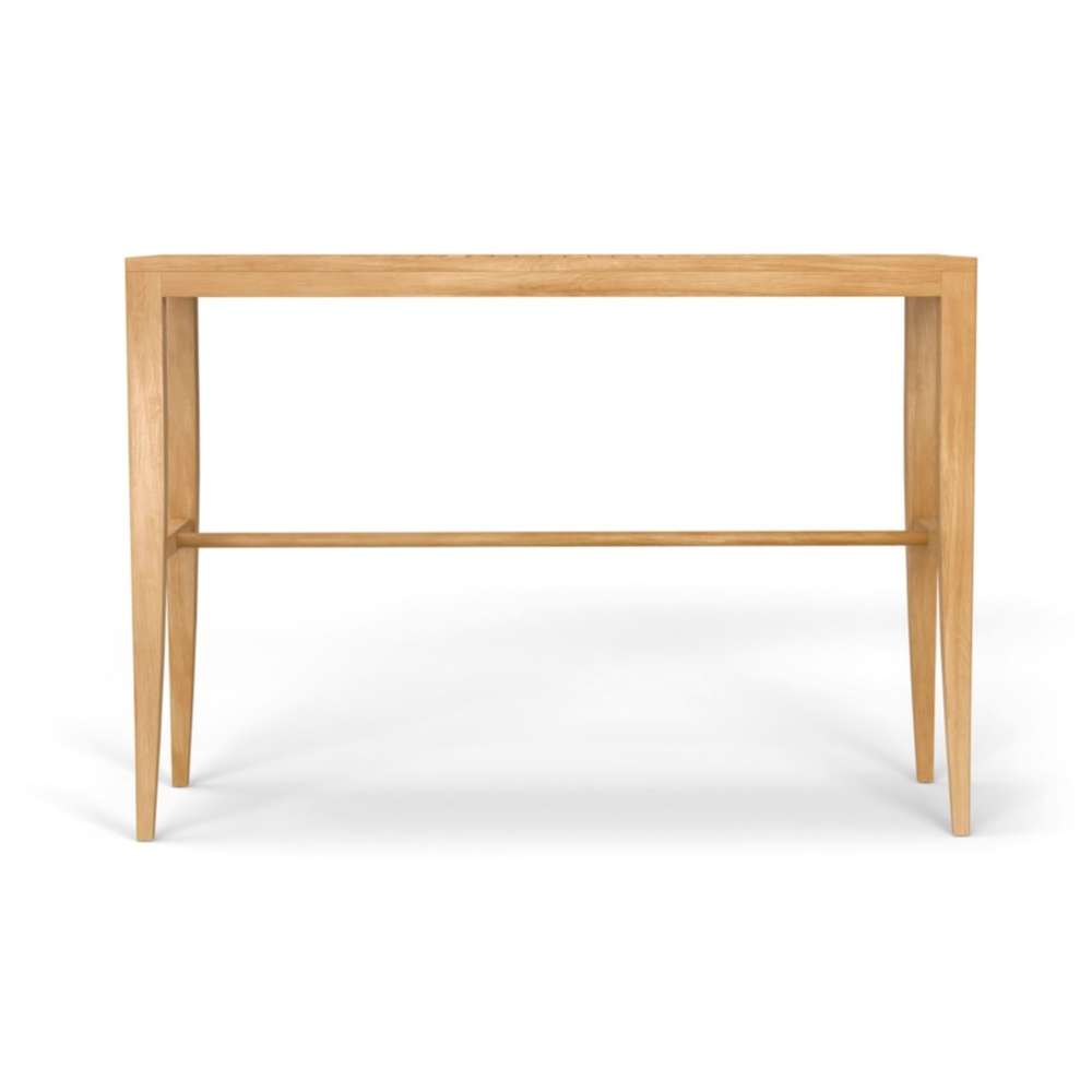 Front view of Westminster Teak 5ft Laguna Teak Bar Table highlighting its tall, narrow design and sturdy support bar