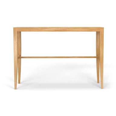 Front view of Westminster Teak 5ft Laguna Teak Bar Table highlighting its tall, narrow design and sturdy support bar