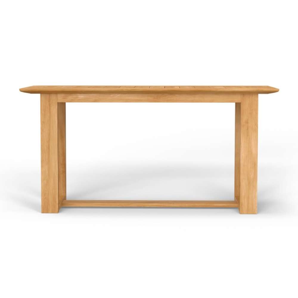 Front view of Westminster Teak Horizon Teak Console Table highlights its clean lines, wide surface, and solid teak construction with a simple rectangular base