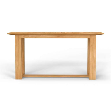 Front view of Westminster Teak Horizon Teak Console Table highlights its clean lines, wide surface, and solid teak construction with a simple rectangular base