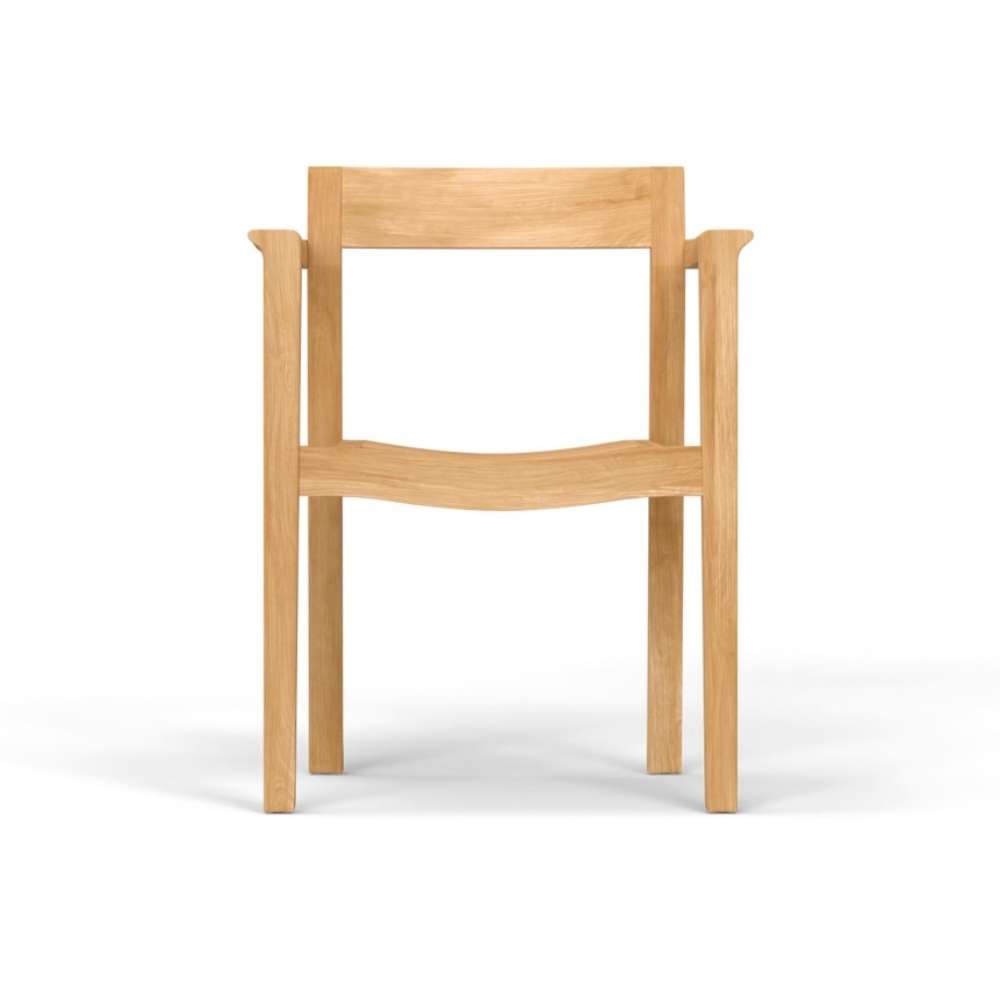 Front view of Westminster Teak Horizon Teak Dining Armchair highlights its straight backrest, gently curved seat, and solid teak construction