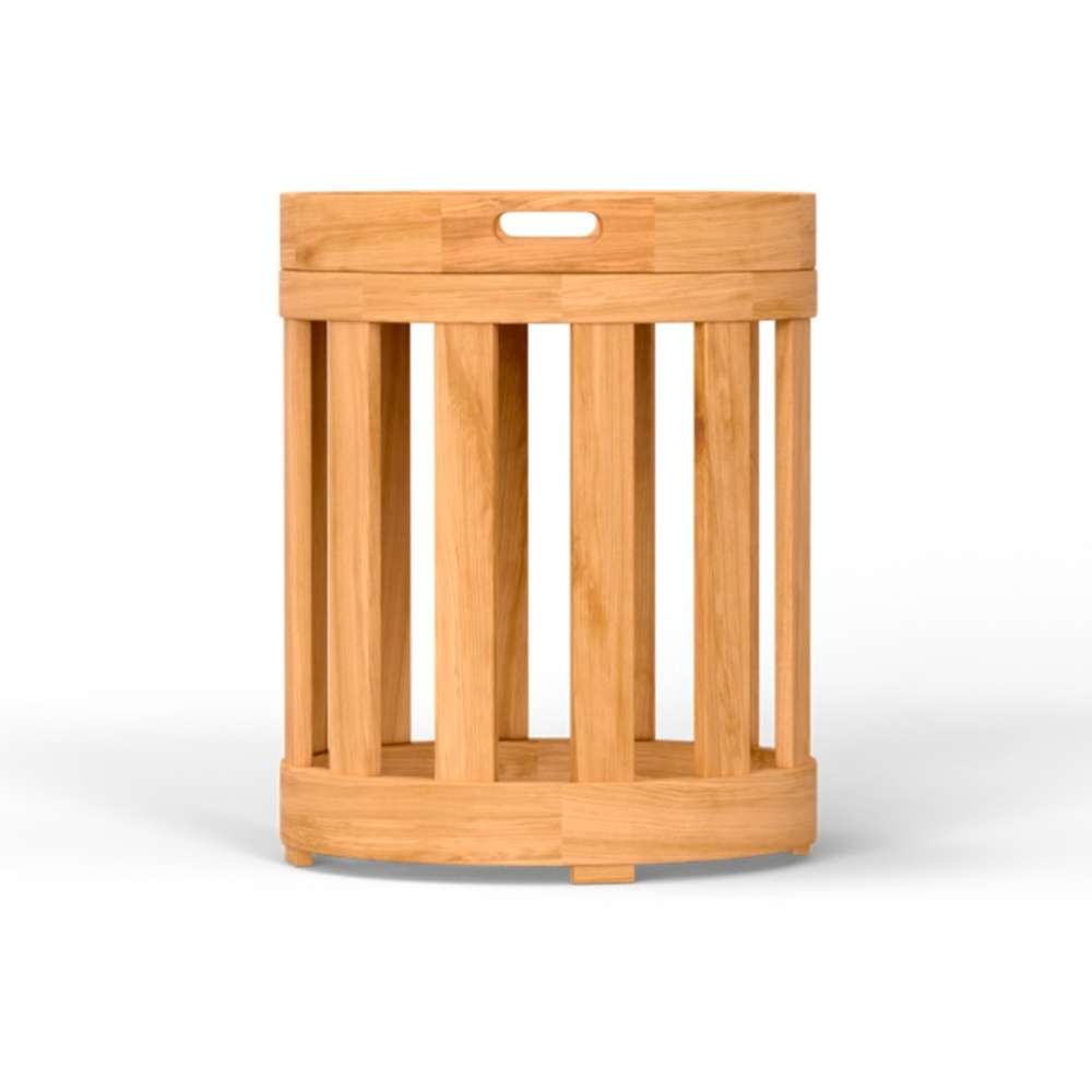 Front view of Westminster Teak Kafelonia Side Table with open slat design and built-in tray handle