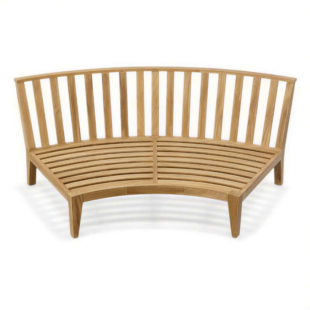 Front view of Westminster Teak Kafelonia Sofa Sectional reveals its smooth teak frame with evenly spaced slats and a slightly curved seating design
