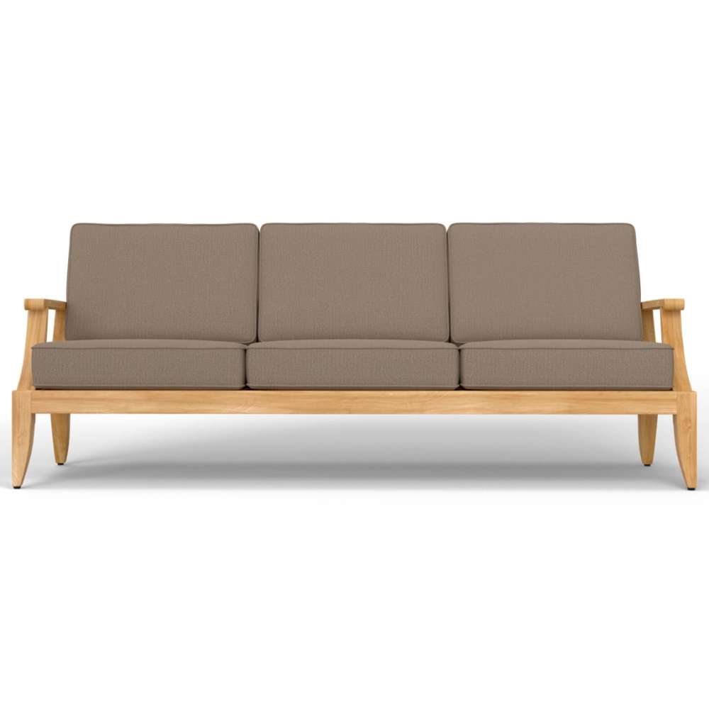 Front view of Westminster Teak Large Laguna Sofa with taupe cushions and a warm teak wood frame