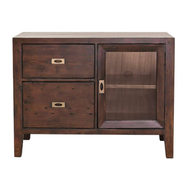 Front view of a Crate & Barrel Morris Chocolate Brown Credenza with two drawers and a glass-front storage cabinet
