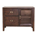 Front view of a Crate & Barrel Morris Chocolate Brown Credenza with two drawers and a glass-front storage cabinet