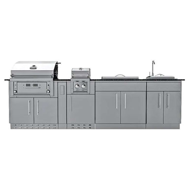 Front view of a modern outdoor kitchen from the Sunstone Alamo 10ft Outdoor Cabinet Island Package with Hybrid Grill