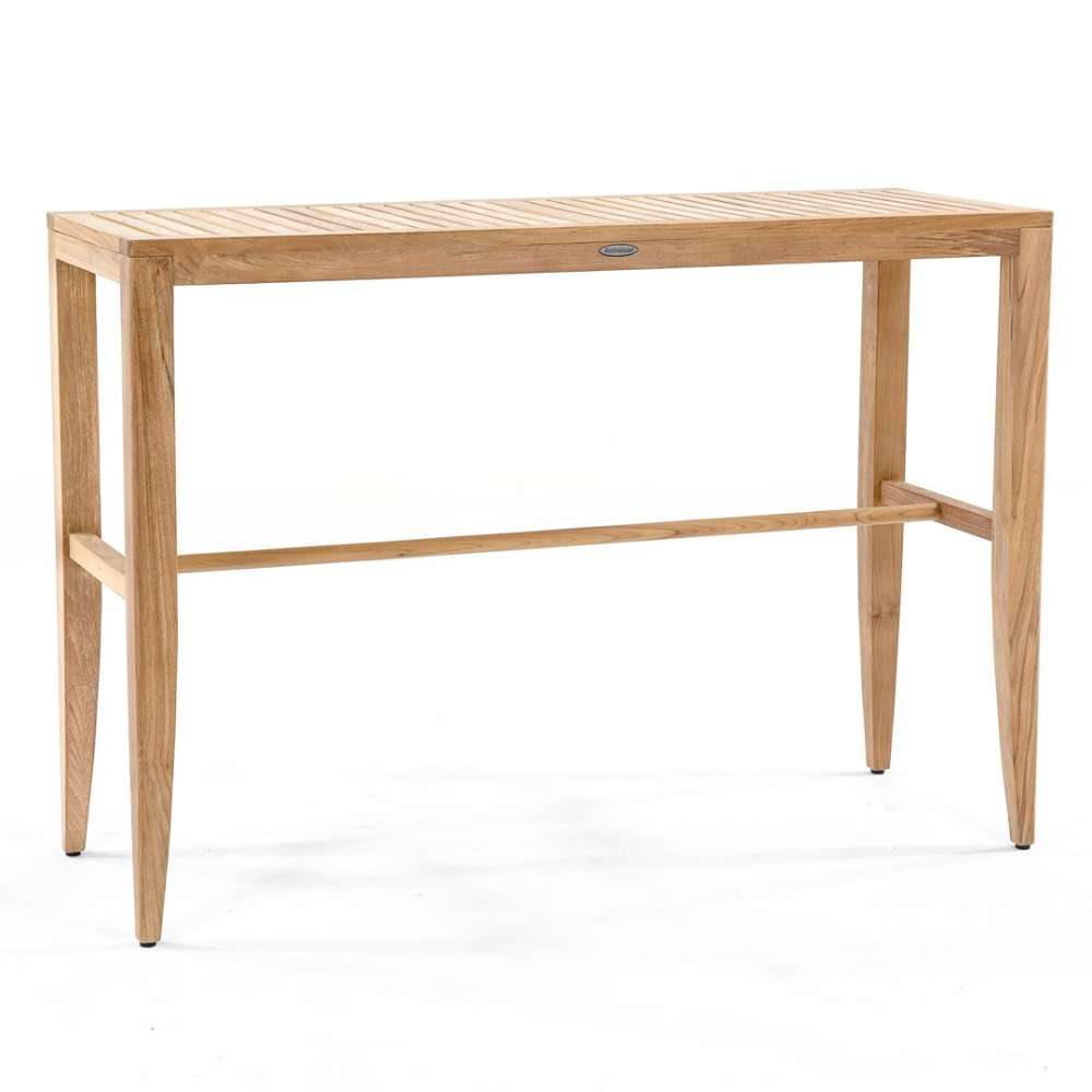 Front view of a slatted teak bar table with a built-in footrest, part of Westminster Teak Laguna 5pc Teak High Bar Set