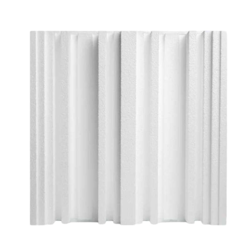 Front view of a white GIK Acoustics GridFusor™ Diffuser panel with alternating vertical ridges designed to scatter sound reflections