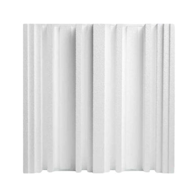 Front view of a white GIK Acoustics GridFusor™ Diffuser panel with alternating vertical ridges designed to scatter sound reflections