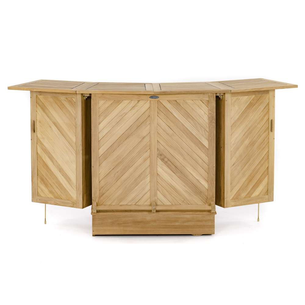 Front view of an opened bar cabinet from Westminster Teak Somerset 5pc Teak High Bar Set shows fold-out panels and patterned teak doors