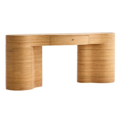 Front view of closed Crate & Barrel Delphine 73" Storage Console Table Desk featuring a streamlined drawer and ribbed wood finish