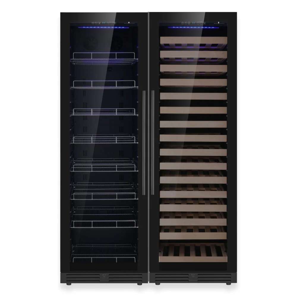 Front view of dual glass doors showing separate beverage and wine storage in the KingsBottle Ultimate Wine & Beverage Upright Refrigerator Combo with Low-E Glass Door