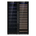Front view of dual glass doors showing separate beverage and wine storage in the KingsBottle Ultimate Wine & Beverage Upright Refrigerator Combo with Low-E Glass Door