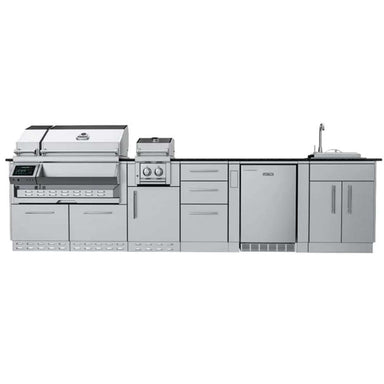 Front view of outdoor kitchen island with grill and fridge from the Sunstone Cypress 11.6FT Outdoor Cabinet large Island Package