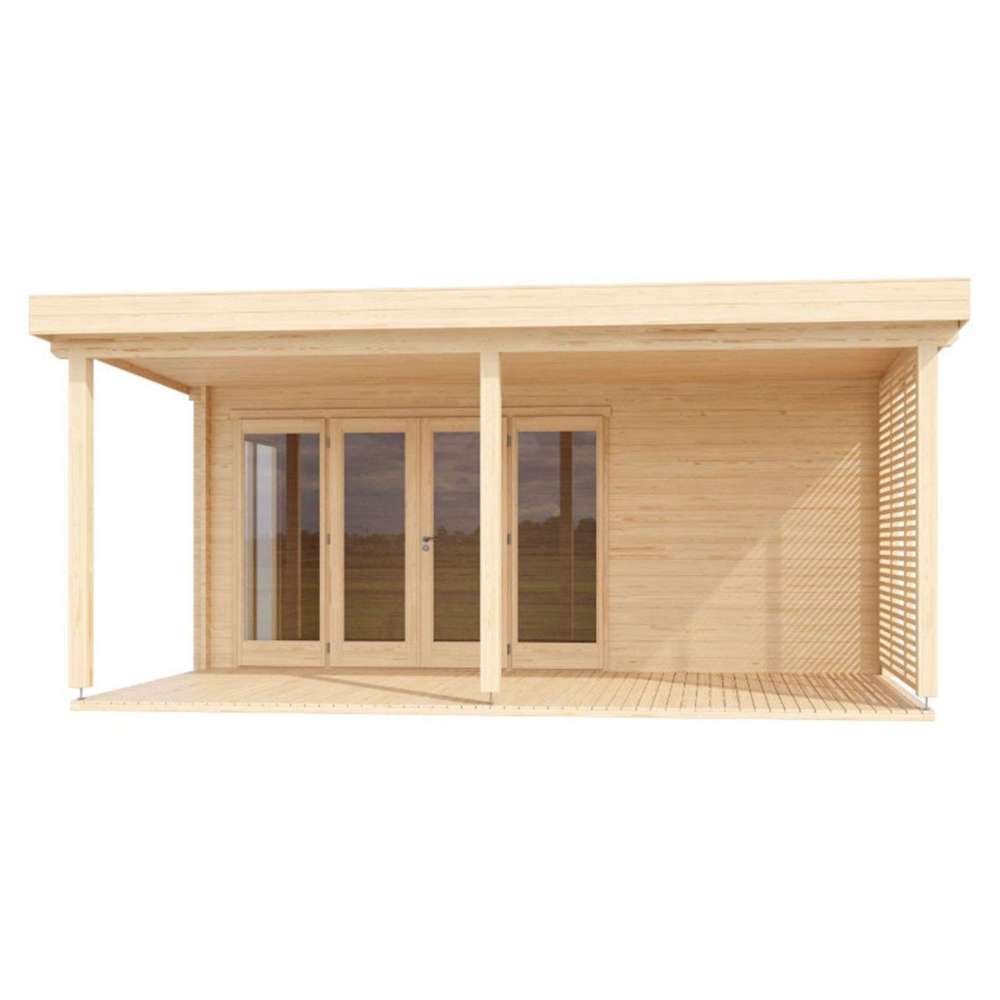 Front view of the GardenHouse24 USA Kaarlo 70 Garden Room shows glass double doors, tall windows, and a covered wooden terrace