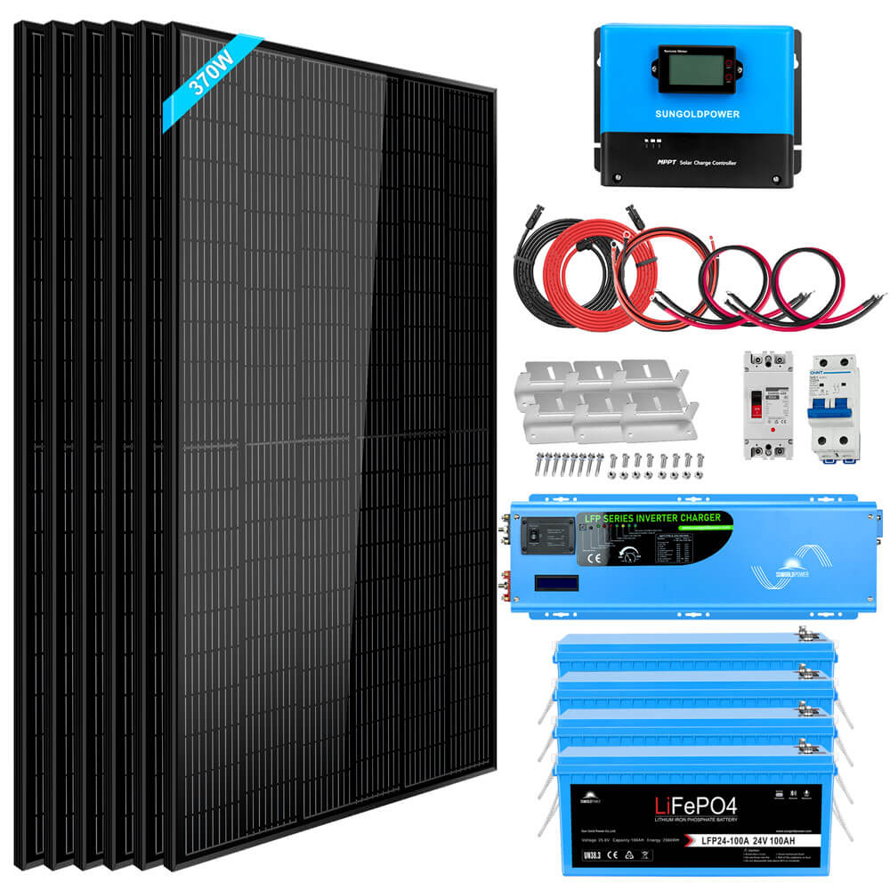 Front view of the complete Sun Gold Power 6000W 24VDC 120V/240V LiFePO4 10.24KWH Lithium Battery 2220W Solar Panel Off-Grid Solar Kit including inverter, batteries, solar panels, and accessories