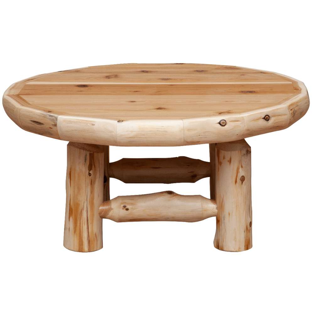 Front view of the rustic round table with sturdy log legs for Fireside Lodge Cedar Log Round Coffee Table - 42-Inch