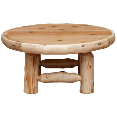 Front view of the rustic round table with sturdy log legs for Fireside Lodge Cedar Log Round Coffee Table - 42-Inch