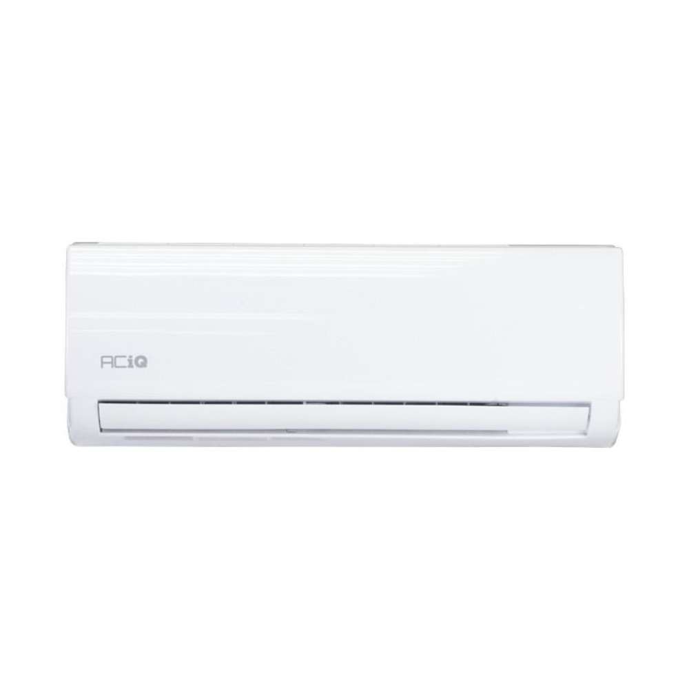 Front view of the slim white indoor wall unit with an ACiQ logo and bottom air outlet from ACiQ 12000 BTU Essentials 17 SEER2 Single Zone Wall Mount Mini Split Heat Pump System