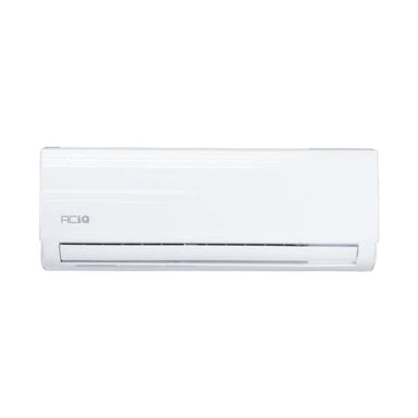 Front view of the slim white indoor wall unit with an ACiQ logo and bottom air outlet from ACiQ 12000 BTU Essentials 17 SEER2 Single Zone Wall Mount Mini Split Heat Pump System