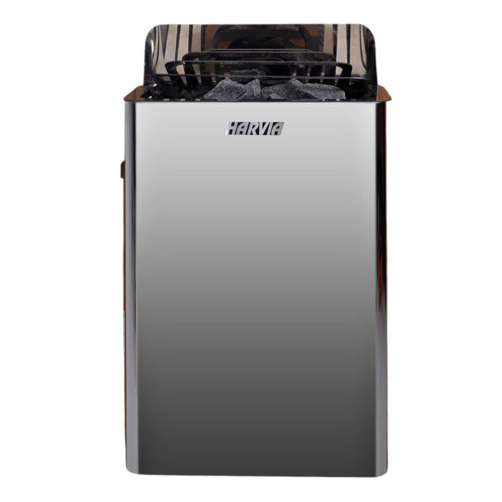Front view of the stainless steel Harvia stove used in Golden Designs Zurich 4 Person Barrel with Bronze Privacy View Traditional Sauna, with sauna stones on top