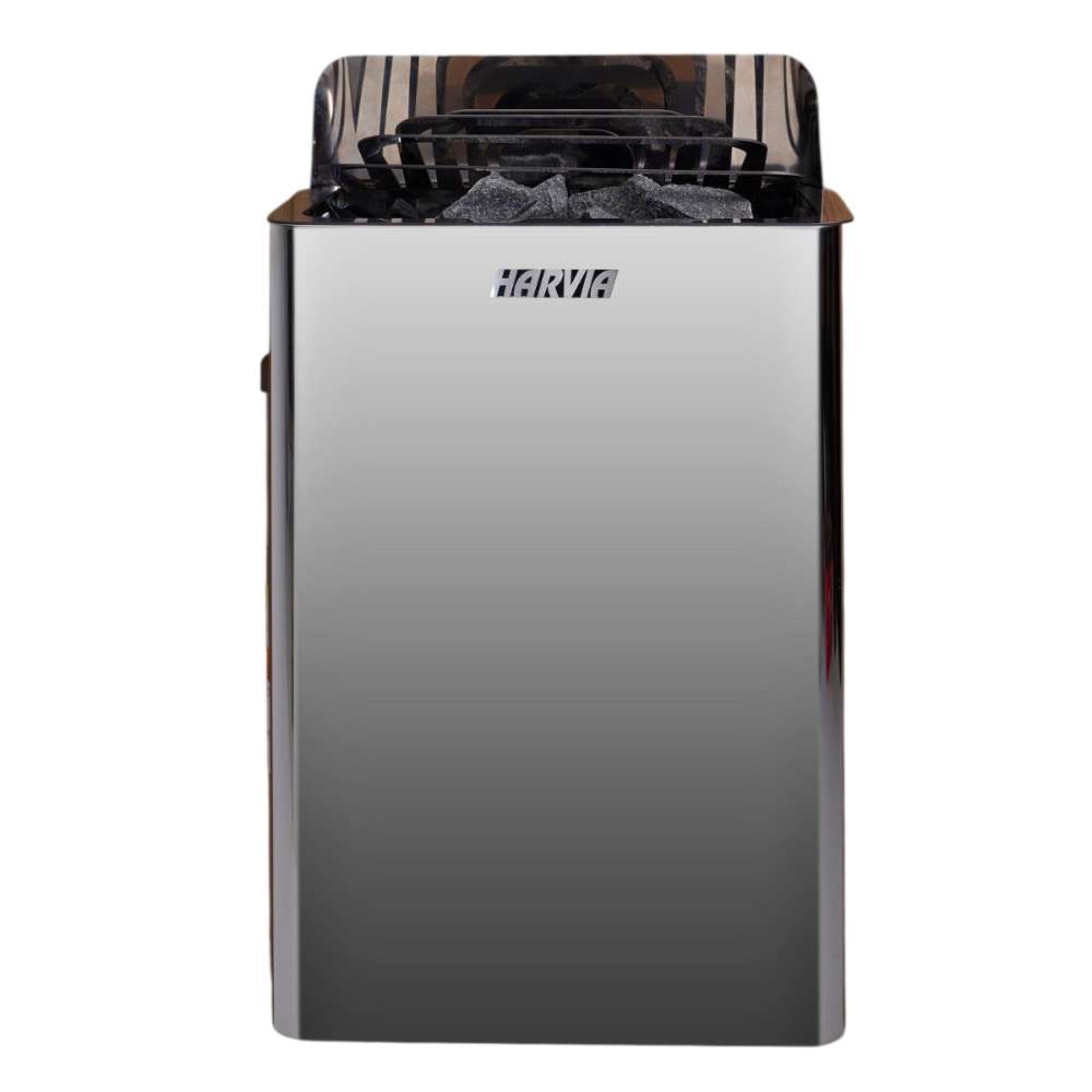 Front view of the stainless steel wall stove from Golden Designs Forssa 3-4 Person Traditional Sauna with a dark logo plate and stones on top