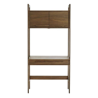 Front view showcases the clean lines and functional storage of Crate & Barrel Tate Walnut Bookcase Desk with Outlet