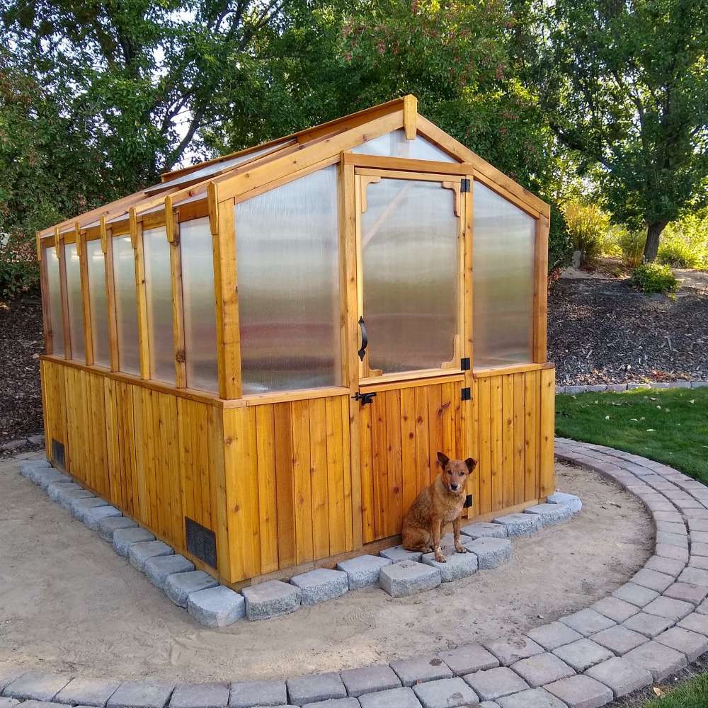Front view shows the greenhouse on a stone base with a dog nearby, displaying the 8x12 Outdoor Living Today Western Red Cedar Greenhouse Kit