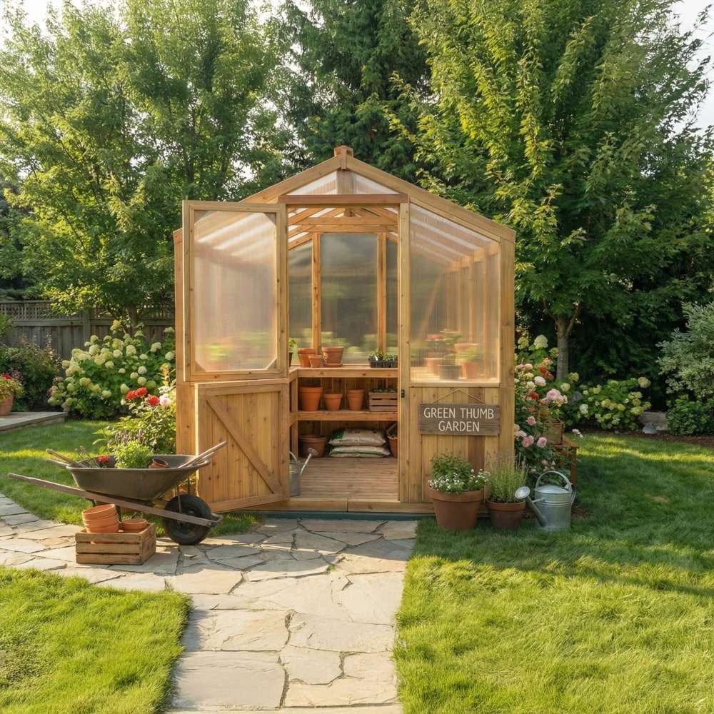 Front view with open doors shows plants and tools inside the 8x12 Outdoor Living Today Western Red Cedar Greenhouse Kit