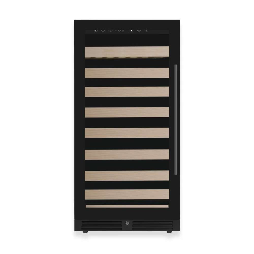 Front view with wooden shelves inside KingsBottle 47-Inch Height Single Zone Wine Cooler With Low-E Glass Door