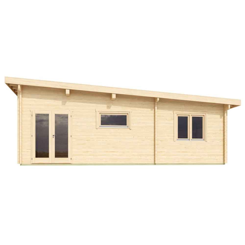 Front and side façade of the GardenHouse24 USA Harbord 70 Garden Room displays natural wood cladding, rectangular windows, and a double-door entry