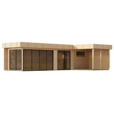 Front angle of the GardenHouse24 USA Sauna Quieto 70 Garden Room shows full-length glass doors and a shaded sitting area