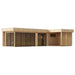 Front angle of the GardenHouse24 USA Sauna Quieto 70 Garden Room shows full-length glass doors and a shaded sitting area