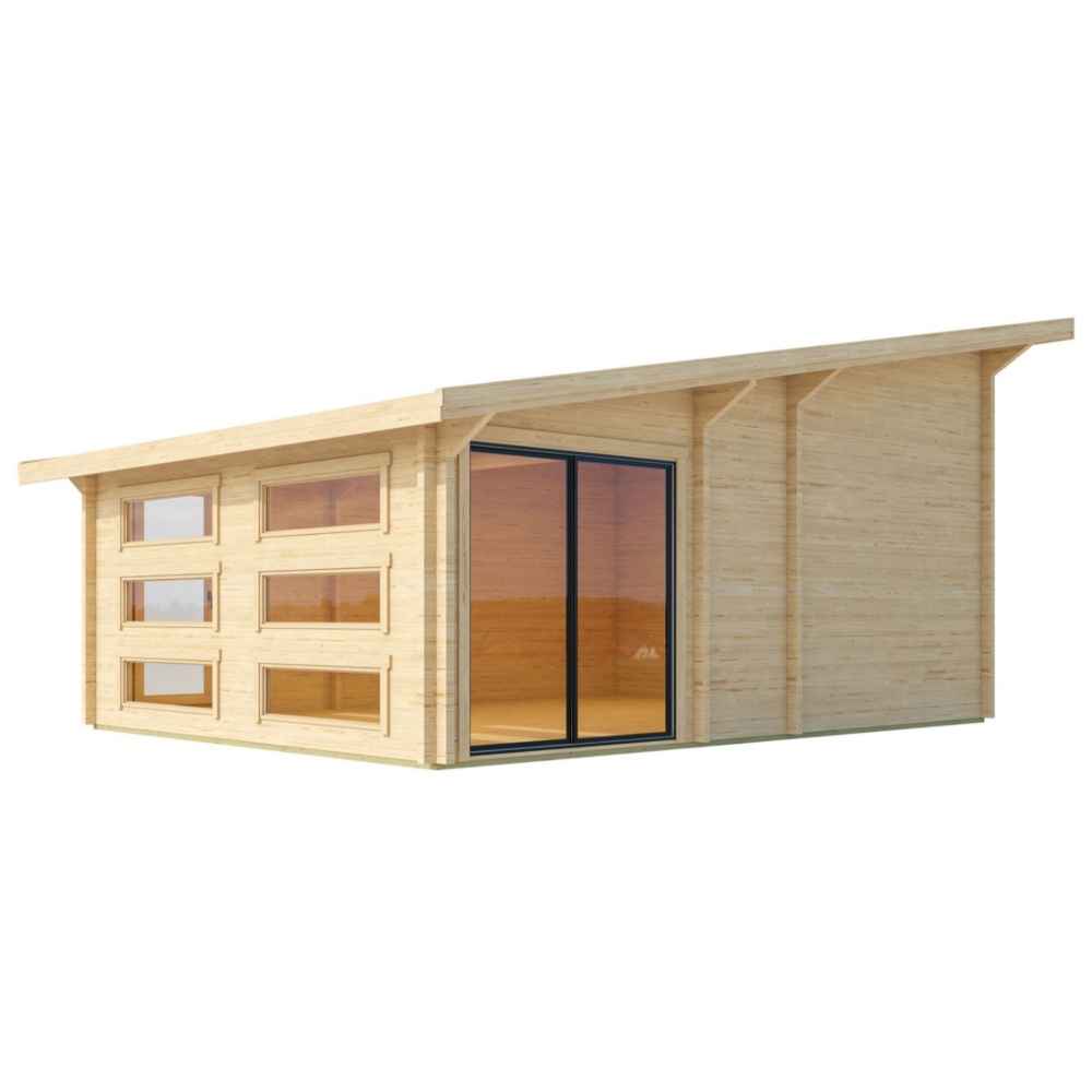 Front angle view of the GardenHouse24 USA Caddie 70A ALU ISO Garden Room, showcasing its six square windows and modern glass entrance