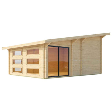 Front angle view of the GardenHouse24 USA Caddie 70A ALU ISO Garden Room, showcasing its six square windows and modern glass entrance