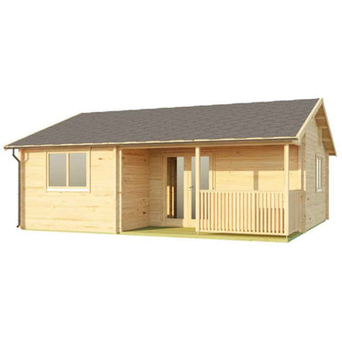 Front angle view shows the Sawmill Structures The Sunbeam Lakehouse 70mm Garden Room with a glass-paneled entry door and side window under a dark roof