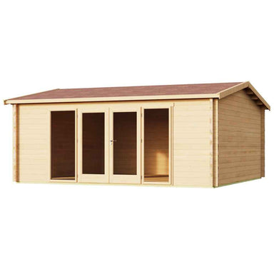 Front diagonal view of the GardenHouse24 USA Davos 44B Garden Room shows its symmetrical glass doors and windows framed by light wood panels