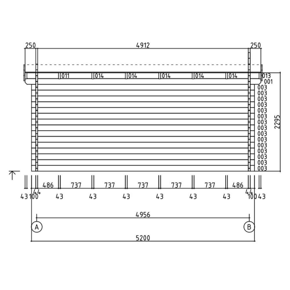 Front elevation blueprint displays horizontal paneling and structural measurements of the GardenHouse24 USA Miriam 44B Modern Garden Room