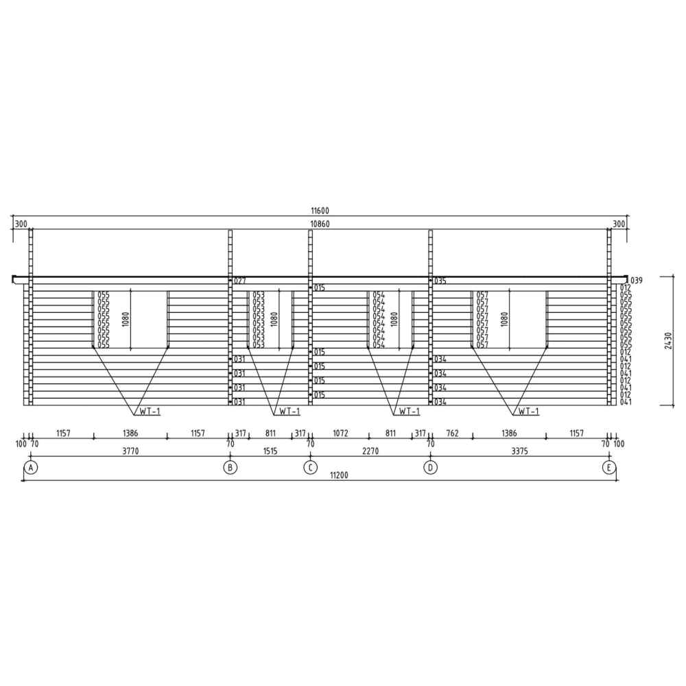 Front elevation blueprint of the GardenHouse24 USA Casablanca 70 Garden Room displays glass doors, windows, and structural dimensions in fine detail