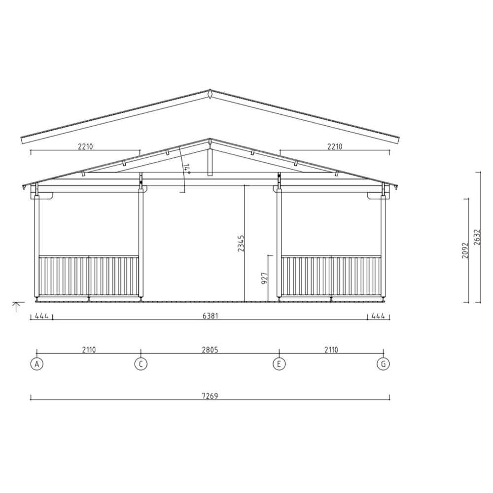 Front elevation blueprint of the GardenHouse24 USA Glostrup 44 Garden Room highlights the roof pitch, central entrance, and overall width