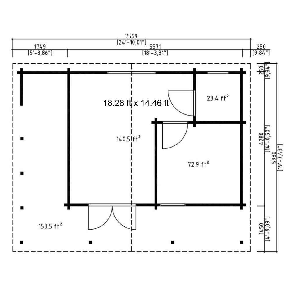 Front elevation blueprint of the GardenHouse24 USA Glostrup 70 Garden Room outlines the roof slope, window sizes, and exterior wall paneling