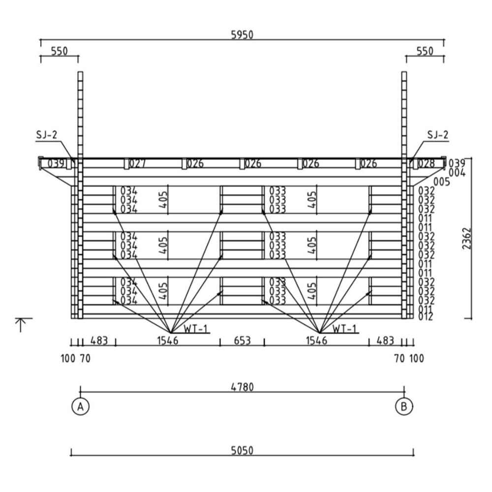Front elevation drawing of the GardenHouse24 USA Caddie 70A ALU ISO Garden Room, illustrating the alignment of windows and structural layout