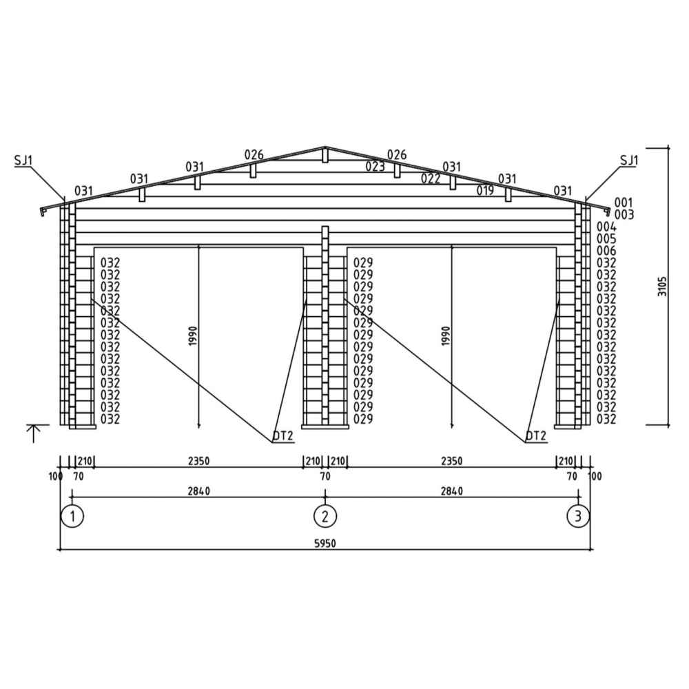 Front elevation drawing of the GardenHouse24 USA Double Garage and Carport Erki 70 Garden Room highlights the double garage door area and detailed beam structures