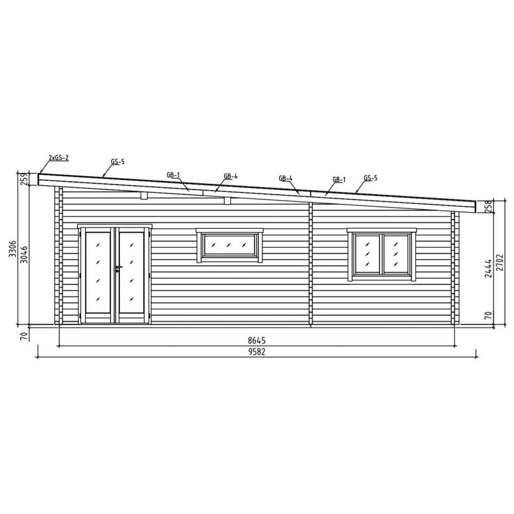 Front elevation drawing of the GardenHouse24 USA Harbord 70 Garden Room includes detailed measurements and placements of windows and double doors