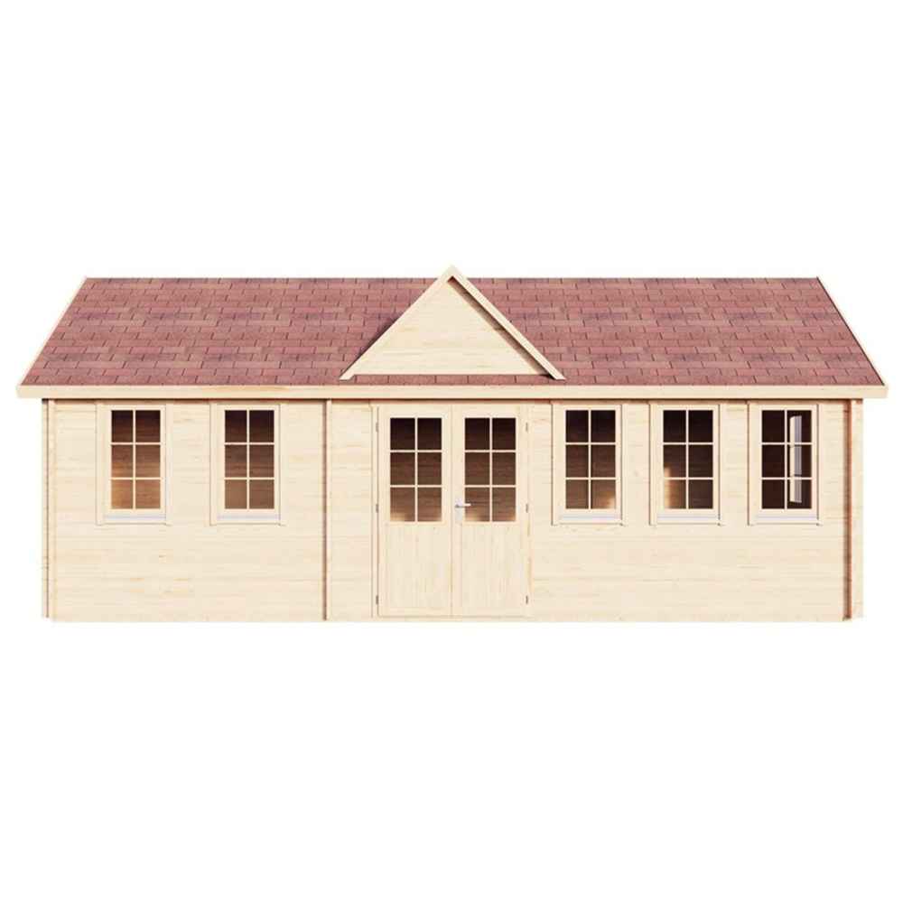Front elevation image of the GardenHouse24 USA Clockhouse Bristol 44mm Garden Room highlights its symmetrical layout with a centered door and decorative dormer
