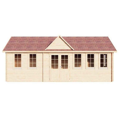 Front elevation image of the GardenHouse24 USA Clockhouse Bristol 44mm Garden Room highlights its symmetrical layout with a centered door and decorative dormer