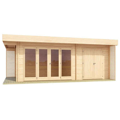 Front elevation of the GardenHouse24 USA Konrad 44 Garden Room shows dual sets of glass and wooden doors across a uniform façade