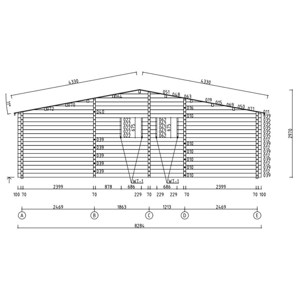 Front elevation of the GardenHouse24 USA Skanderborg 70 Garden Room highlights the pitched roof, window spacing, and entrance layout with detailed dimensions