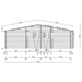 Front elevation of the GardenHouse24 USA Skanderborg 70 Garden Room highlights the pitched roof, window spacing, and entrance layout with detailed dimensions